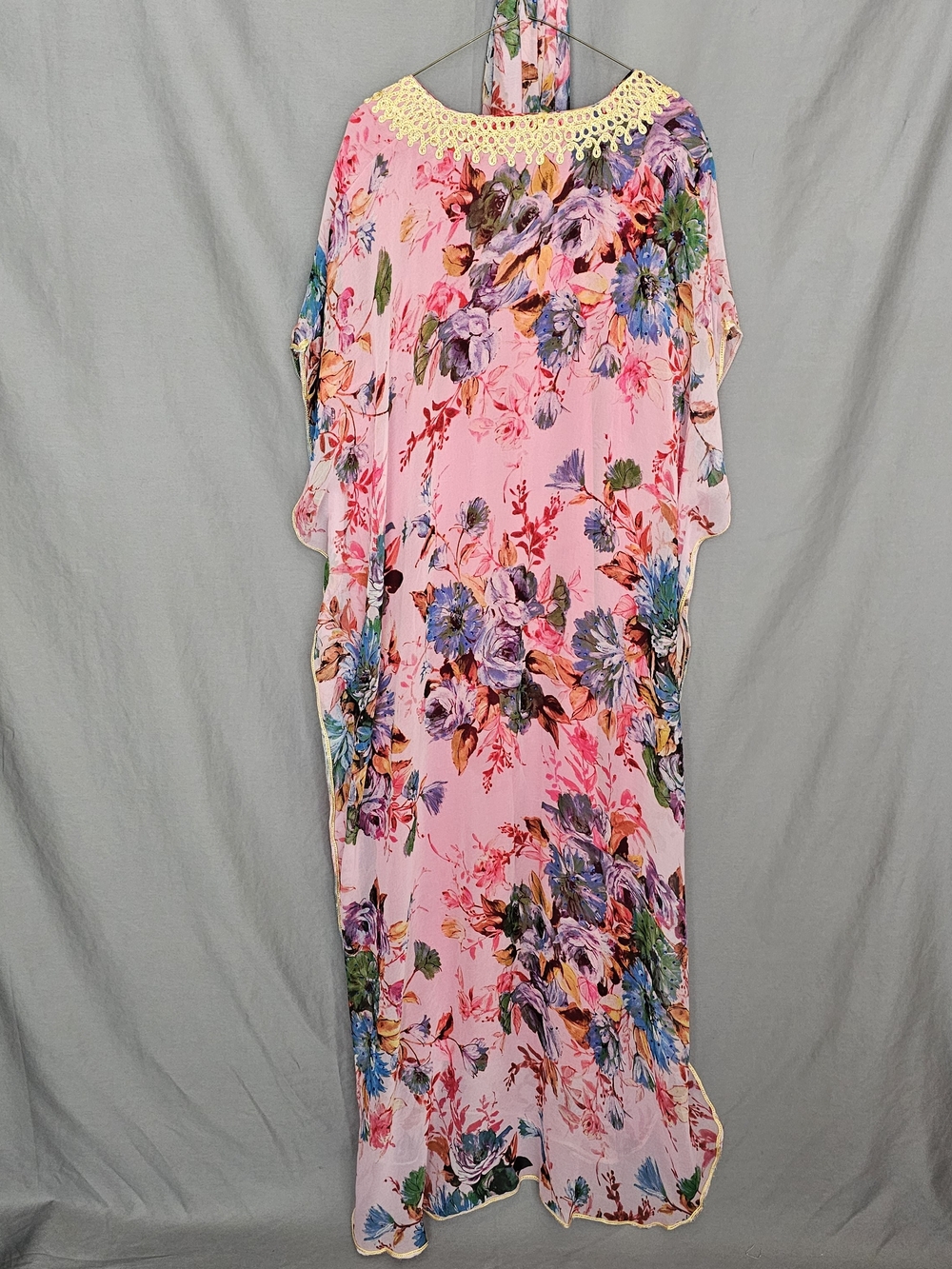 Silk Chiffon Pink Floral Maxi Caftan with Gold Crochet V-Neck - Picture 9 of 10
